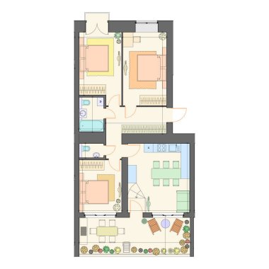 Büyük bir teras planı / planı olan üç odalı bir daire, mimari arka plan, üst manzara.