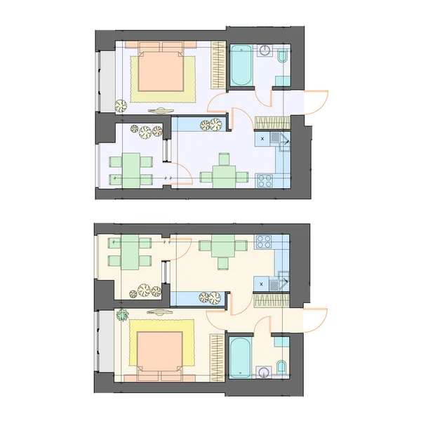 Vector Zestaw Umeblowane Apartamenty Jedną Sypialnią Tło Architektoniczne Widok Góry — Wektor stockowy