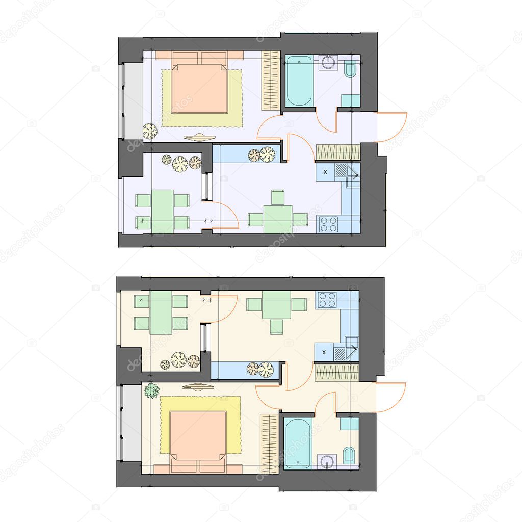 Vector set of furnished one bedroom apartments, architectural background, top view