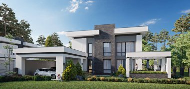 Modern two story private house, 3d rendering