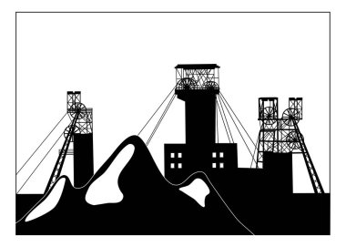 Vector silhouette illustration of industrial coal mining slag heaps and structural headframes above mine shaft. Metallurgy concept clipart