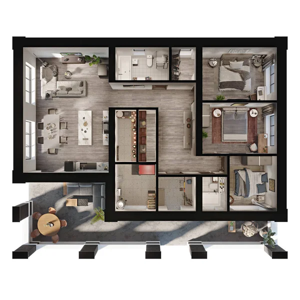 テラス付きのモダンなアパートメント プライベートハウスの3Dレンダリングプランとレイアウト — ストック写真