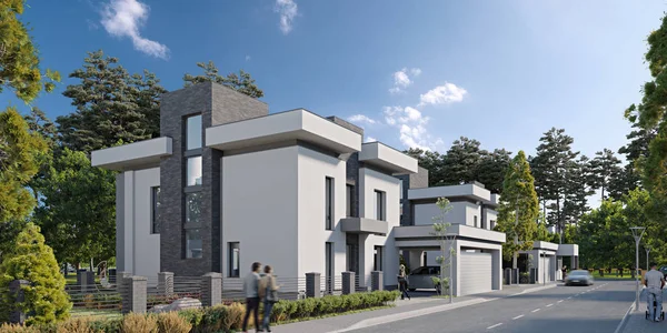 Çatı terası olan modern özel bir ev, 3 boyutlu.