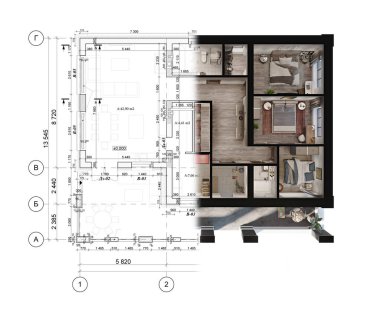 Mimari teknik çizimde yer alan modern bir özel evin 3D canlandırması