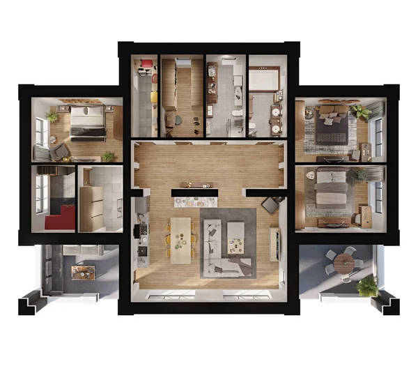 Renderplan Und Grundriss Eines Modernen Appartements Privathauses Mit Terrasse — Stockfoto
