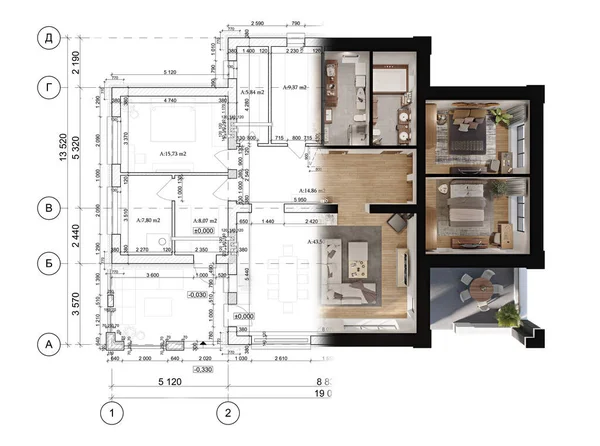 3D vykreslení moderního soukromého domu umístěného na architektonickém technickém výkresu — Stock fotografie