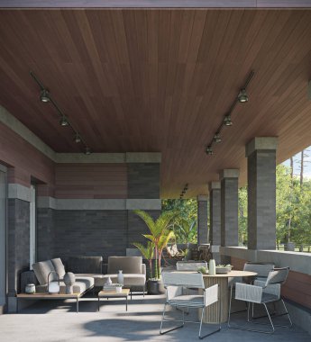 Modern bir özel ev terasının 3 boyutlu canlandırması