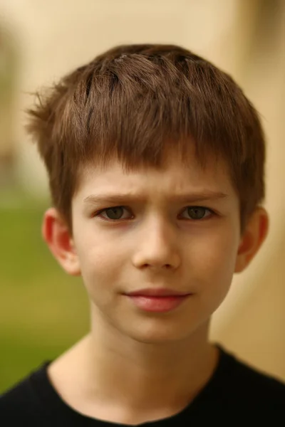 Primo Piano Ritratto Sospetto Caucasico Ottavo Anno Vecchio Ragazzo Guardando — Foto Stock