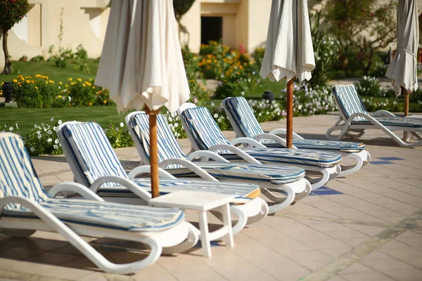 Row Empty Swimming Pool Sun Loungers Sun Beds Striped Matrasses — Stock Photo, Image