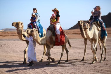 Sharm El Sheikh, Mısır - 18 Mart 2020: Mısır çölünde deveye binen turistler. 