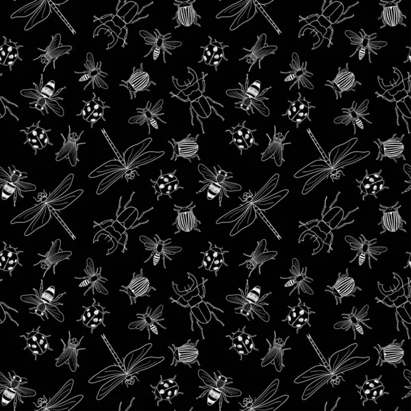 Vektornahtloses Schwarz Weiß Muster Verschiedener Handgezeichneter Doodle Isolierter Insekten — Stockvektor