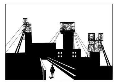 Vector silhouette illustration of a woman walking on a bridge in industrial town with coal mining structural headframes above mine shaft. Metallurgy concept clipart