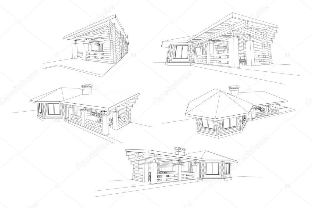 Gazebo frame with bbq grill vector illustration. Detailed architectural 3d plan