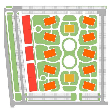 Binaları ve peyzaj tasarımı olan bir şehir bölgesinin ana planı..