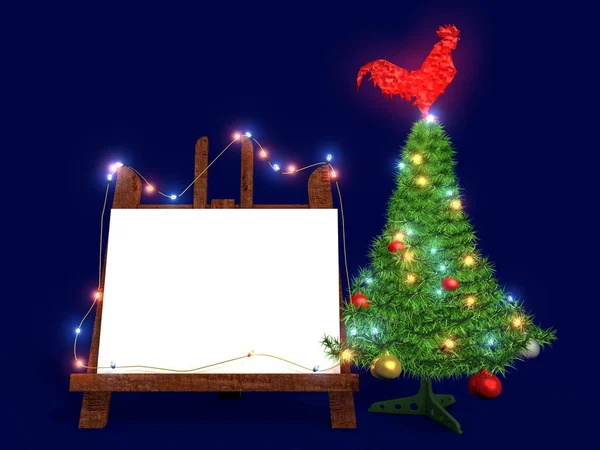 Cartaz Mockup com árvore de Natal e galo vermelho de vidro. Caroço . — Fotografia de Stock