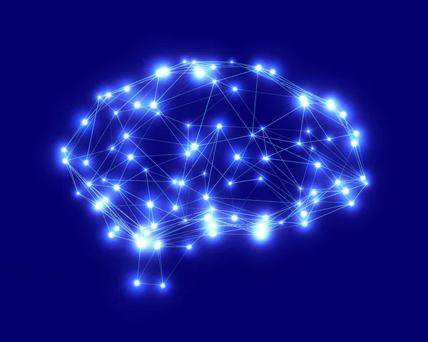 Polygonale Gehirnform mit glühenden Linien und Punkten. — Stockfoto