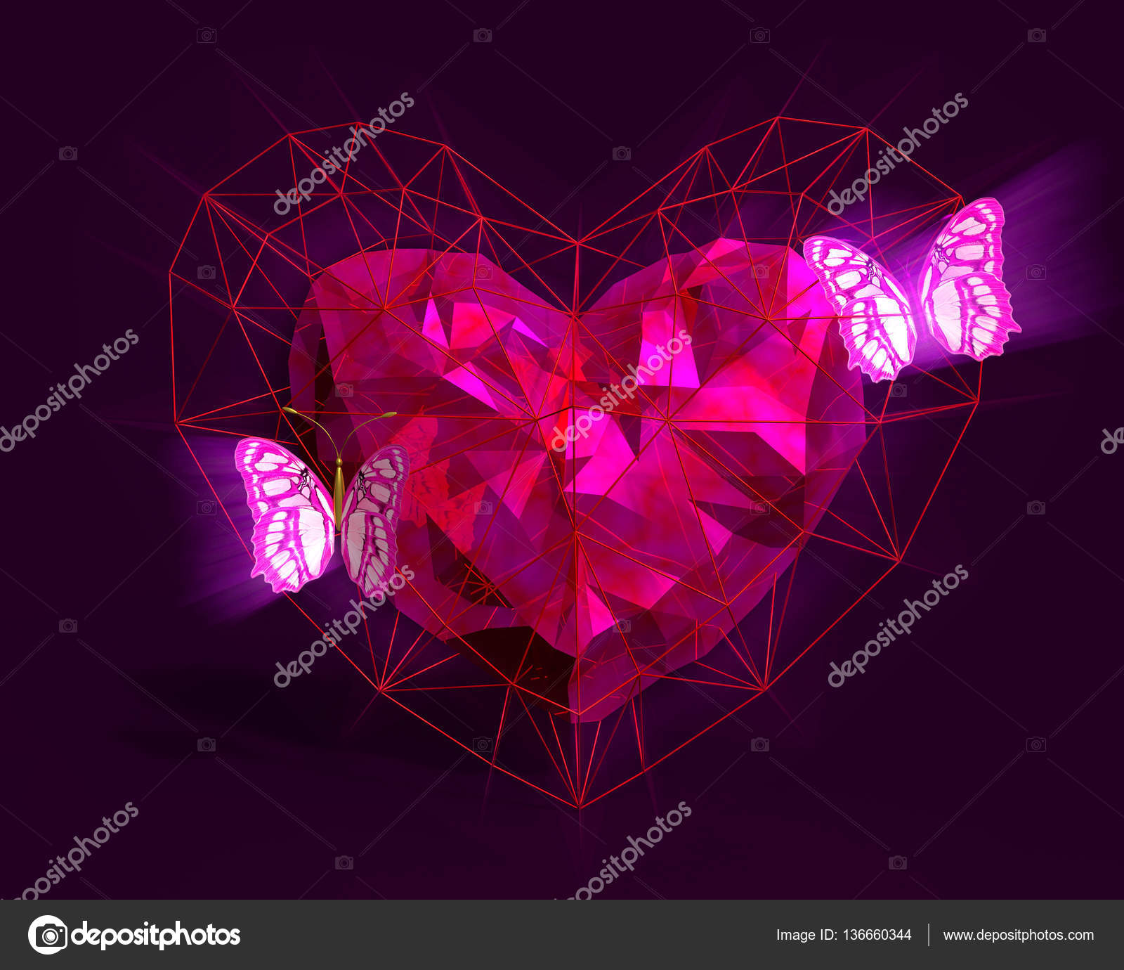 Cuore astratto in stile basso poli con farfalle rosa chiaro e rosa su sfondo viola scuro per la celebrazione di giorno di San Valentino felice rendering 3D