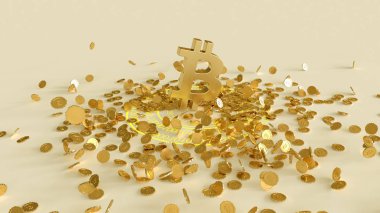 bitcoin logo altın 3D modeli bu dağılım farklı yönlere paraları. 3D render.