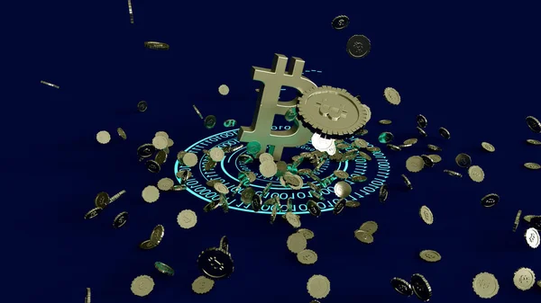 3D model of the bitcoin logo gold coins that scatter in different directions. 3D rendering. — Stock Photo, Image