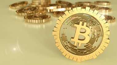 bitcoin logo altın 3D modeli bu dağılım farklı yönlere paraları. 3D render.