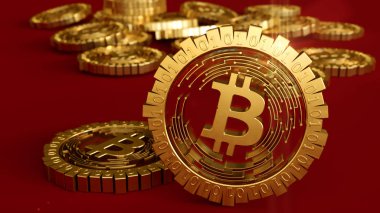 bitcoin logo altın 3D modeli bu dağılım farklı yönlere paraları. 3D render.