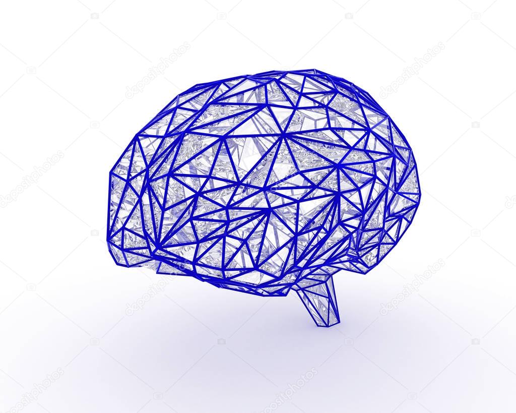 Polygonal brain shape with glowing lines and dots.