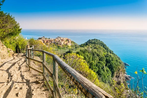 Corniglia, Cinque Terre Nemzeti Park, Olaszország - Turista útvonal a gyönyörű falu közelében a sziklán a tenger felett — Stock Fotó