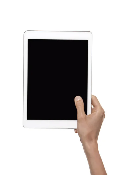 Hand holding tablet over white background — Stock Photo, Image
