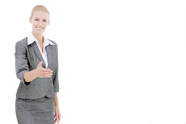 Zufriedene Geschäftsfrau am Arbeitsplatz — Stockfoto