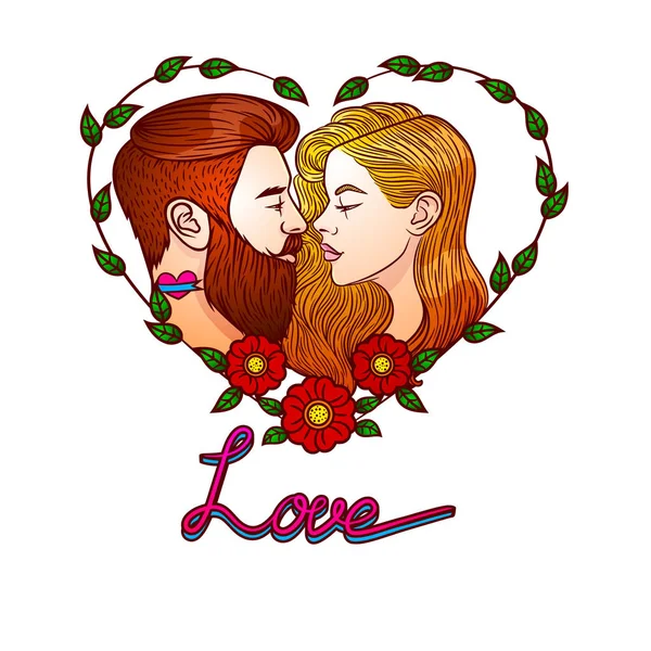 Colorida ilustración vectorial para la tarjeta de San Valentín. Imagen vectorial hombre besar mujer. Dos jóvenes se besan dentro del marco de flores. Invitación a la boda con texto "amor " — Vector de stock