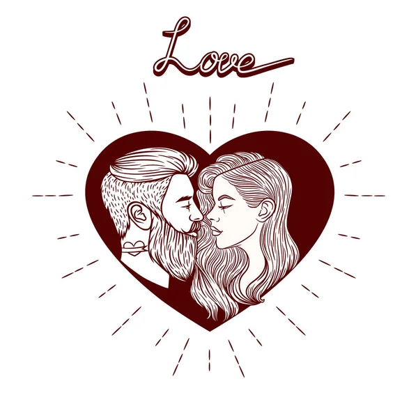 Ilustración vectorial en blanco y negro para la tarjeta de San Valentín. Imagen vectorial hombre enamorarse de la mujer. Joven pareja moderna dentro del corazón. Invitación a la boda con texto "amor " — Vector de stock