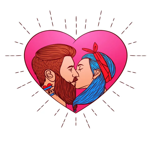 Illustrazione vettoriale colorata per il biglietto di San Valentino. Il vettore immagina un uomo che bacia una donna. Due giovani si baciano sullo sfondo del cuore di colore rosa. Invito al matrimonio in stile hipster — Vettoriale Stock