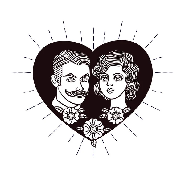 Dibujo a mano ilustración vectorial para la tarjeta de San Valentín. Logo vectorial hombre y mujer. Pareja en el fondo del corazón. Invitación de boda en estilo retro . — Vector de stock