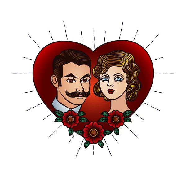 Desenho à mão ilustração vetorial a cores para cartão de São Valentim. Vector placard homem e mulher. Casal no fundo do coração. Convite de casamento em estilo retro . — Vetor de Stock