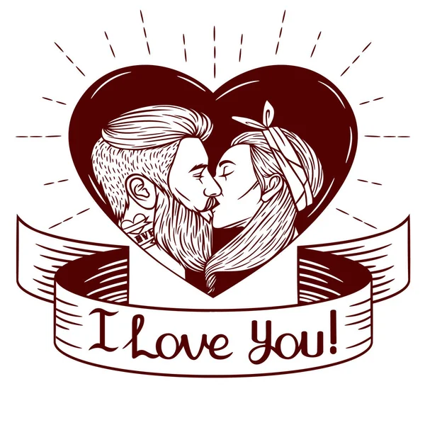 Ilustración vectorial en blanco y negro para la tarjeta de San Valentín. Imagen vectorial hombre besándose con mujer. Joven pareja moderna dentro del corazón con el texto "Te amo" en la cinta — Vector de stock