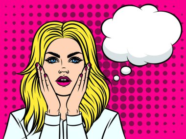 Avrupa türü, şok duygu genç güzel kız. Pop sanat styl arka plan üzerinde konuşma balonu ile sürpriz yüz