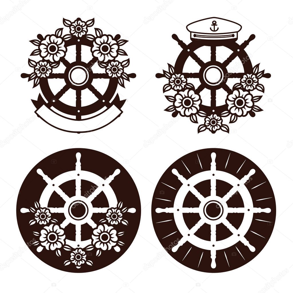 Vector black and white set of sea helm. Collection logo of sea helm with flowers and ribbon