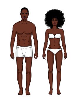 İç çamaşırlı bir çift Afro-Amerikalı kadın ve erkek. Önde çırılçıplak duran bir erkek ve kız resmi.