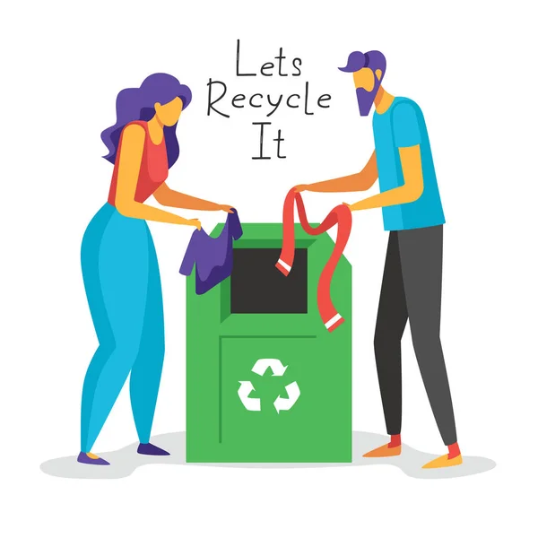 回收旧衣服的彩色矢量平面图解 男人和女人把旧衣服扔进一个绿色的垃圾桶 里面有一个回收利用的标志 登陆页 Web的概念 — 图库矢量图片