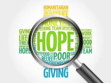 Kelime bulutu kavramı 3d çizim çapraz büyüteç ile umut