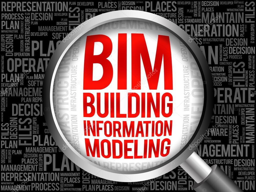 BIM - building information modeling word cloud with magnifying glass, business concept