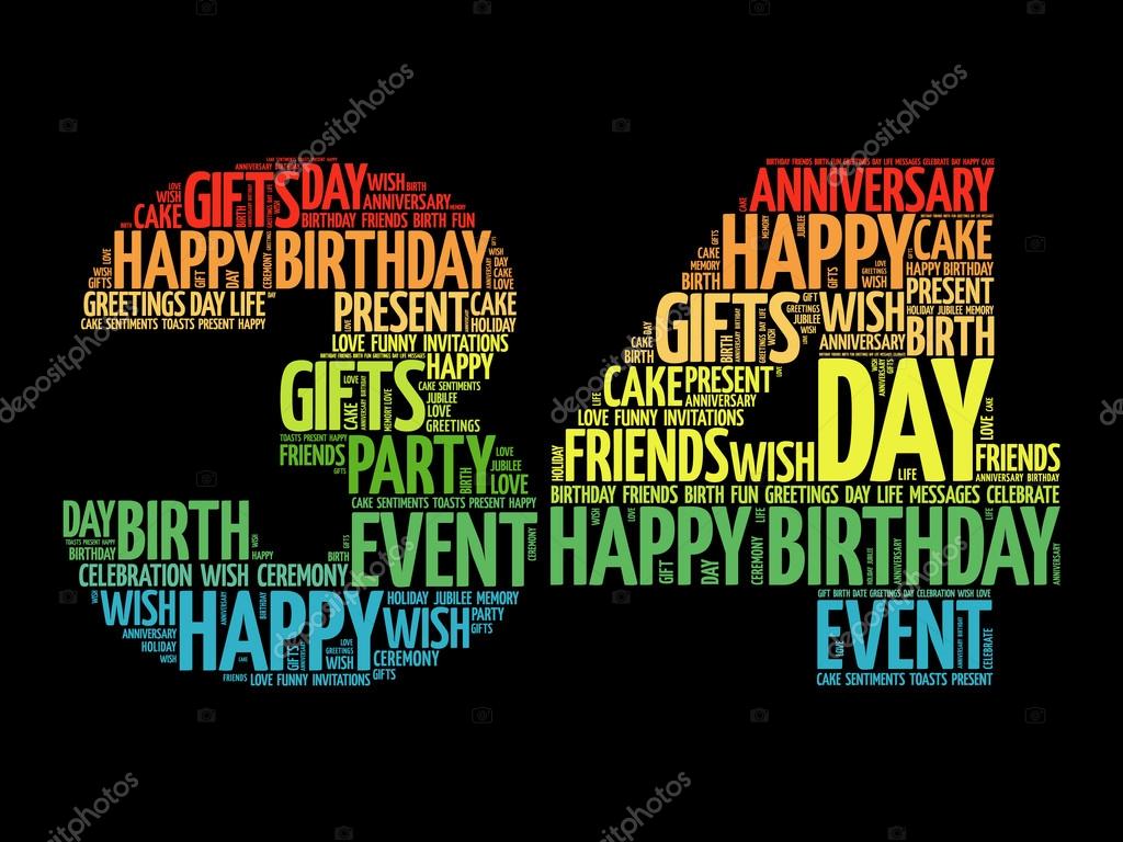 Feliz cumpleaños 34 la palabra nube — Vector de stock