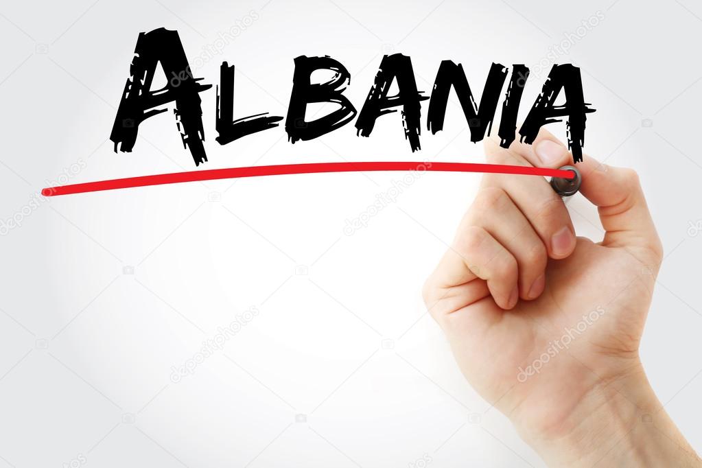 Hand writing Albania with marker
