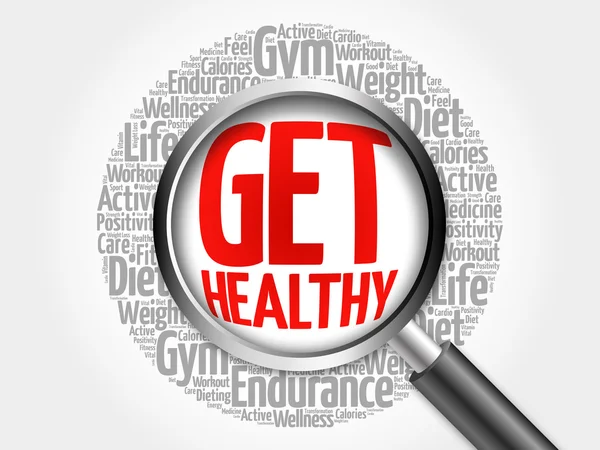 Get Healthy word cloud with magnifying glass — Stock Photo, Image