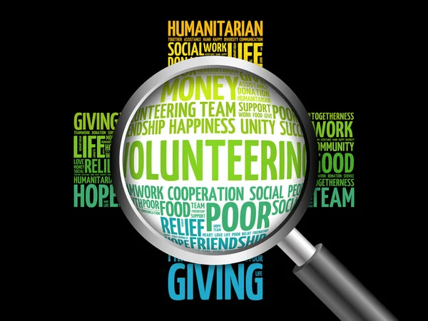 Volunteering word cloud with magnifying glass — Stock Photo, Image