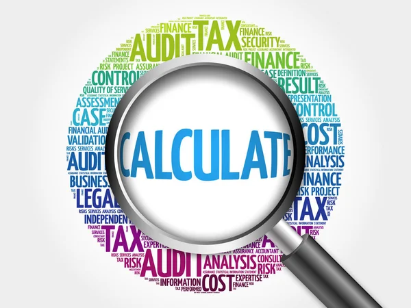 CALCULATE word cloud with magnifying glass — Stock Photo, Image