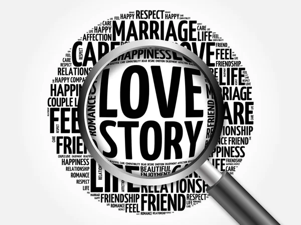 Love Story word cloud med förstoringsglas — Stockfoto