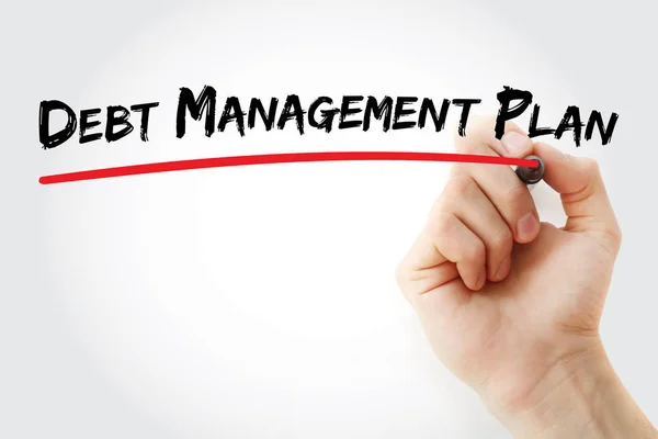 Hand skriva skuld förvaltningsplan — Stockfoto