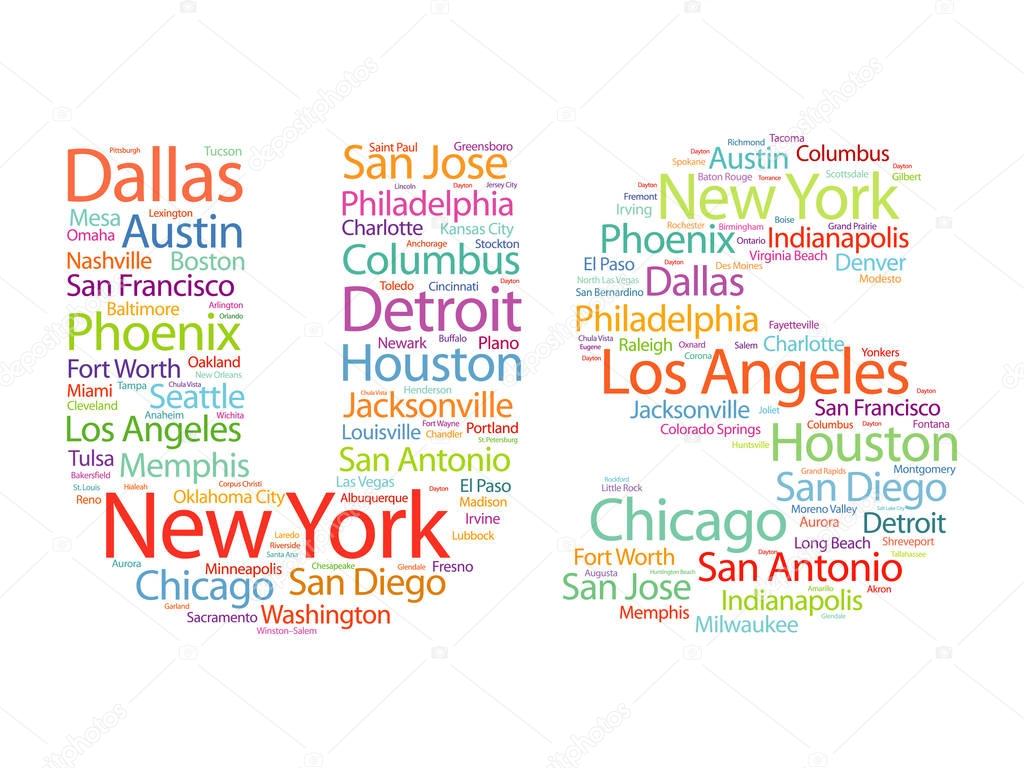 US letters with cities names words cloud