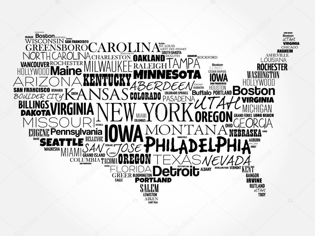 USA Map word cloud collage